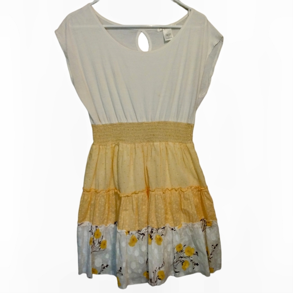 CHARLOTTE RUSSE White & Yellow Floral Layered Babydoll Mini Dress Size L
